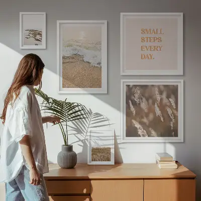 Conjunto de 5 quadros decorativos com frases sobre a vida e paisagens litorâneas
