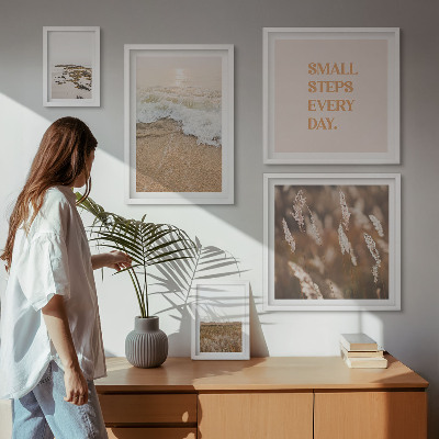 Conjunto de 5 quadros decorativos Frases sobre a vida e paisagens litorâneas