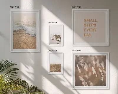 Conjunto de 5 quadros decorativos com frases sobre a vida e paisagens litorâneas