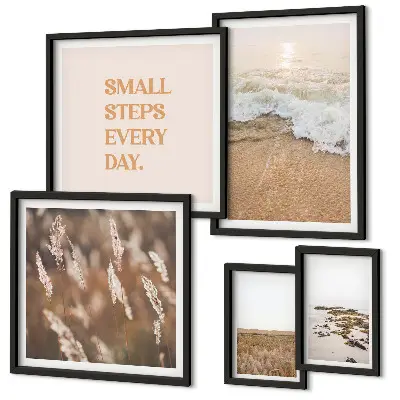 Conjunto de 5 quadros decorativos com frases sobre a vida e paisagens litorâneas