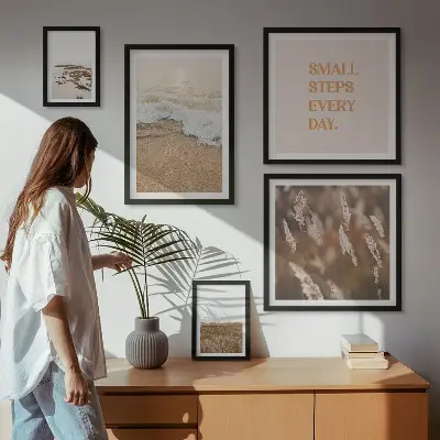 Conjunto de 5 quadros decorativos com frases sobre a vida e paisagens litorâneas