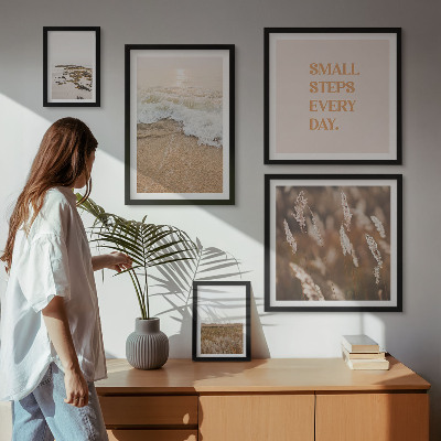 Conjunto de 5 quadros decorativos Frases sobre a vida e paisagens litorâneas