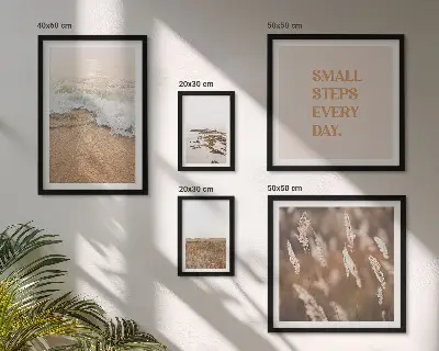Conjunto de 5 quadros decorativos com frases sobre a vida e paisagens litorâneas