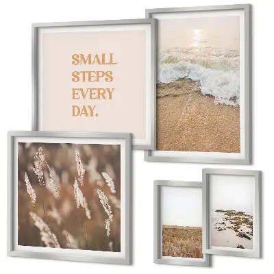 Conjunto de 5 quadros decorativos com frases sobre a vida e paisagens litorâneas