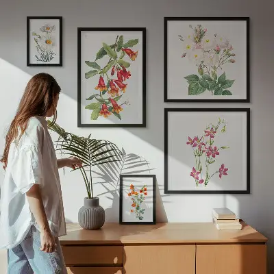 Conjunto de 5 quadros com moldura com motivos botânicos florais