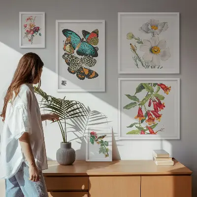 Conjunto de 5 quadros decorativos com ilustrações vintage de flores, borboletas e pássaros