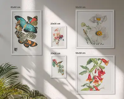 Conjunto de 5 quadros decorativos com ilustrações vintage de flores, borboletas e pássaros