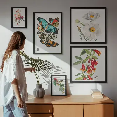 Conjunto de 5 quadros decorativos com ilustrações vintage de flores, borboletas e pássaros