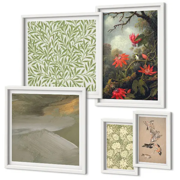 Galeria de parede com estampas de flores, pássaros e motivos naturais
