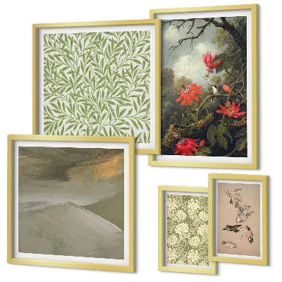 Galeria de parede com estampas de flores, pássaros e motivos naturais