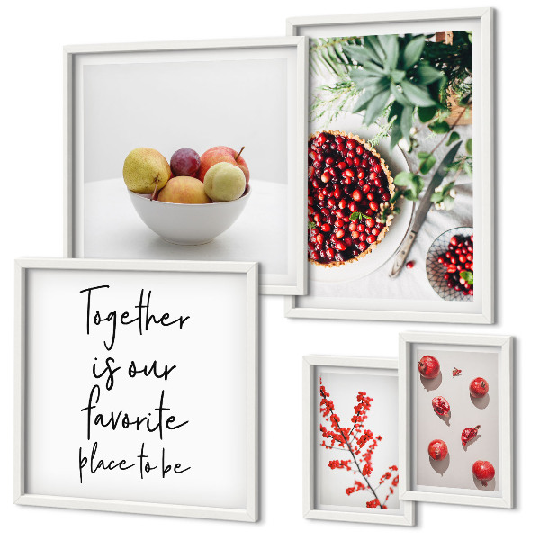 Conjunto de 5 quadros com moldura Composição de frutas e plantas