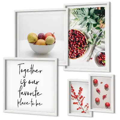 Conjunto de 5 quadros com moldura com temática de composição de frutas e plantas