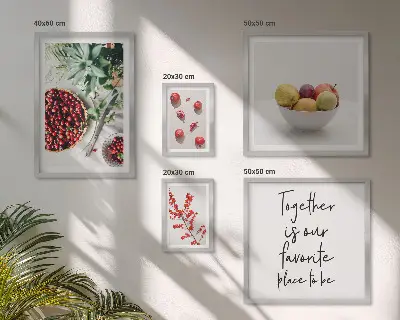 Conjunto de 5 quadros com moldura com temática de composição de frutas e plantas