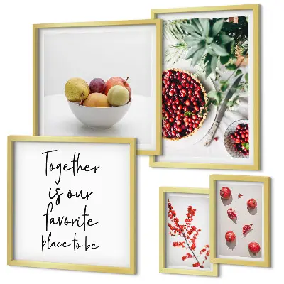 Conjunto de 5 quadros com moldura com temática de composição de frutas e plantas