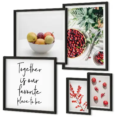 Conjunto de 5 quadros com moldura com temática de composição de frutas e plantas
