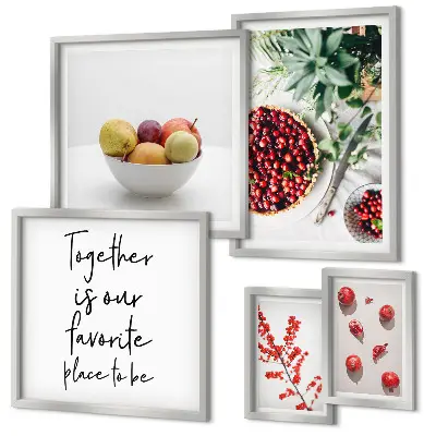 Conjunto de 5 quadros com moldura com temática de composição de frutas e plantas