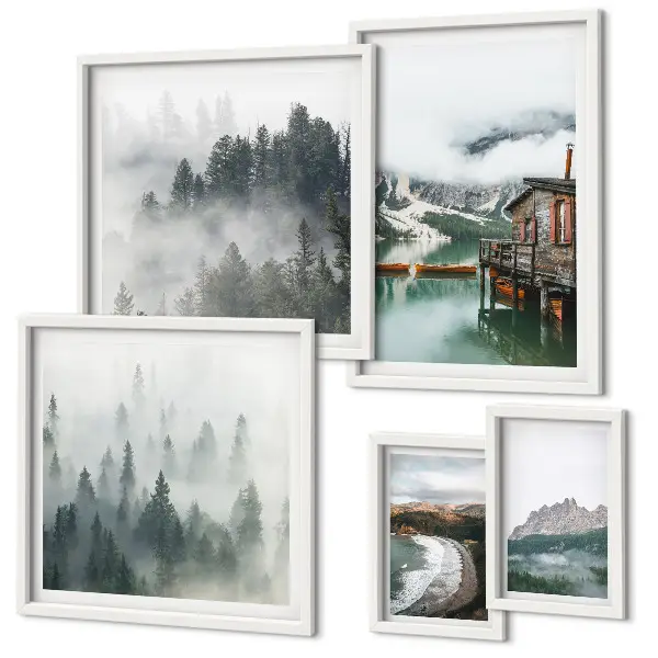 Conjunto de 5 quadros com moldura com temática de paisagens montanhosas, chalés e água