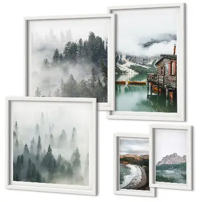 Conjunto de 5 quadros com moldura com temática de paisagens montanhosas, chalés e água