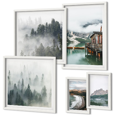 Conjunto de 5 quadros com moldura Paisagens montanhosas, chalés, água
