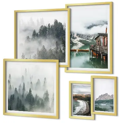 Conjunto de 5 quadros com moldura com temática de paisagens montanhosas, chalés e água