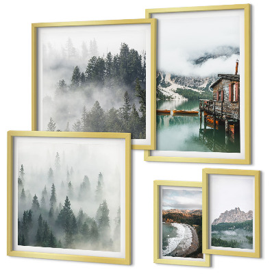 Conjunto de 5 quadros com moldura Paisagens montanhosas, chalés, água