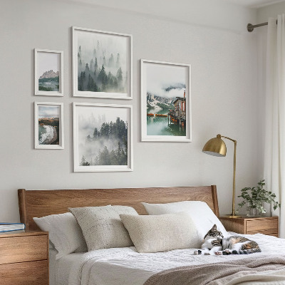 Conjunto de 5 quadros com moldura Paisagens montanhosas, chalés, água