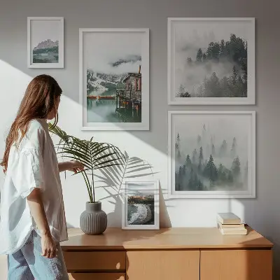 Conjunto de 5 quadros com moldura com temática de paisagens montanhosas, chalés e água