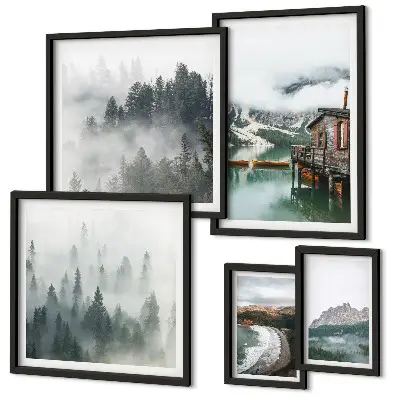 Conjunto de 5 quadros com moldura com temática de paisagens montanhosas, chalés e água