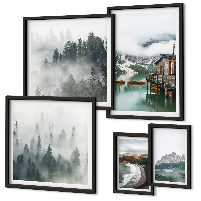 Conjunto de 5 quadros com moldura Paisagens montanhosas, chalés, água