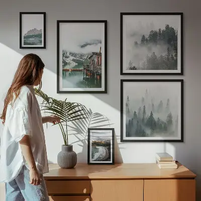 Conjunto de 5 quadros com moldura com temática de paisagens montanhosas, chalés e água