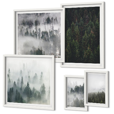 Conjunto de 5 quadros decorativos Florestas verdes em paisagens envoltas em névoa
