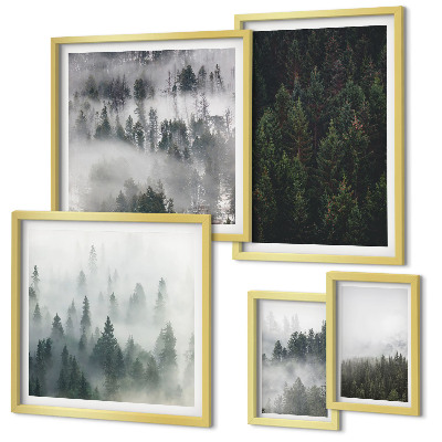 Conjunto de 5 quadros decorativos Florestas verdes em paisagens envoltas em névoa