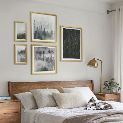 Conjunto de 5 quadros decorativos Florestas verdes em paisagens envoltas em névoa