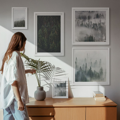 Conjunto de 5 quadros decorativos Florestas verdes em paisagens envoltas em névoa