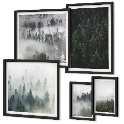Conjunto de 5 quadros decorativos Florestas verdes em paisagens envoltas em névoa