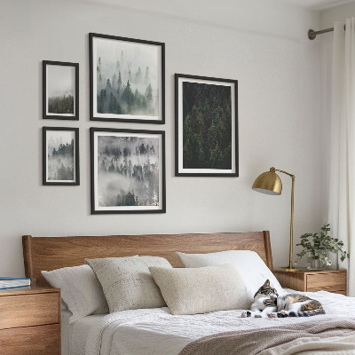 Conjunto de 5 quadros decorativos Florestas verdes em paisagens envoltas em névoa