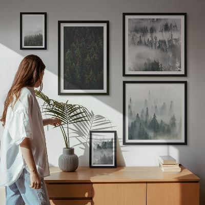 Conjunto de 5 quadros decorativos Florestas verdes em paisagens envoltas em névoa