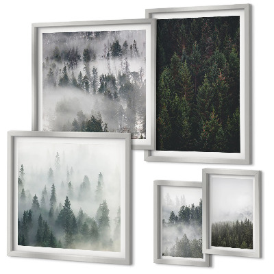 Conjunto de 5 quadros decorativos Florestas verdes em paisagens envoltas em névoa