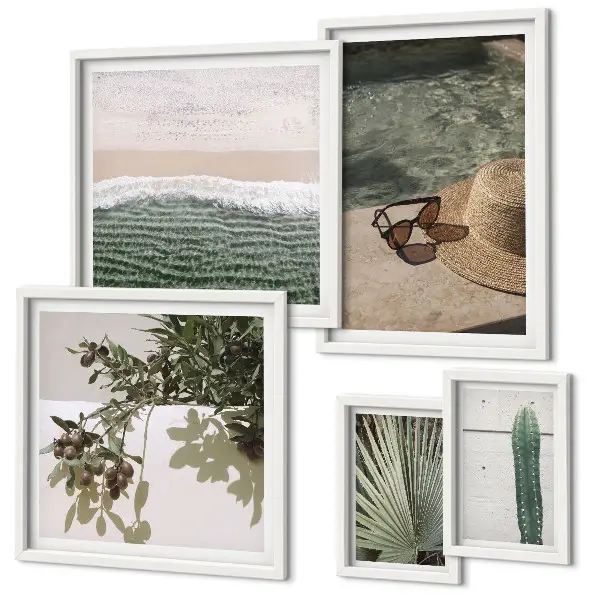 Conjunto de 5 quadros com moldura tema relaxamento com água e plantas de verão