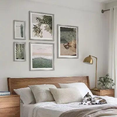 Conjunto de 5 quadros com moldura tema relaxamento com água e plantas de verão
