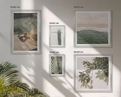 Conjunto de 5 quadros com moldura tema relaxamento com água e plantas de verão