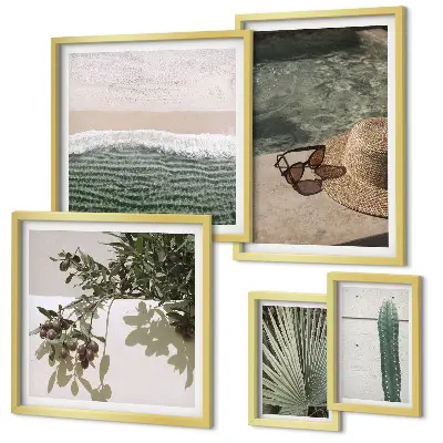 Conjunto de 5 quadros com moldura tema relaxamento com água e plantas de verão