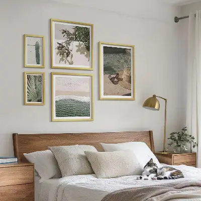Conjunto de 5 quadros com moldura tema relaxamento com água e plantas de verão