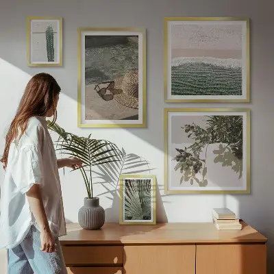 Conjunto de 5 quadros com moldura tema relaxamento com água e plantas de verão