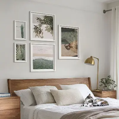 Conjunto de 5 quadros com moldura tema relaxamento com água e plantas de verão