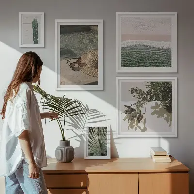 Conjunto de 5 quadros com moldura tema relaxamento com água e plantas de verão