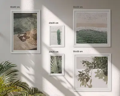 Conjunto de 5 quadros com moldura tema relaxamento com água e plantas de verão