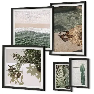 Conjunto de 5 quadros com moldura tema relaxamento com água e plantas de verão