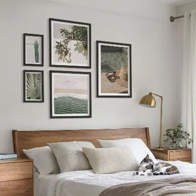 Conjunto de 5 quadros com moldura tema relaxamento com água e plantas de verão