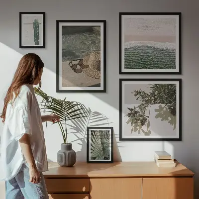 Conjunto de 5 quadros com moldura tema relaxamento com água e plantas de verão